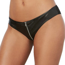 Dreamgirl Faux-Leather, Stretch-Knit Cheeky Panty with Zipper Front Black L Hanging