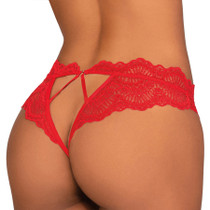 Dreamgirl Lace Tanga Open-Crotch Panty and Elastic Open Back Detail Red S