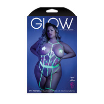 Glow In A Trance Floral Embroidered Open-Cup Crotchless Teddy With Attached Leg Garters Neon Chartreuse QS