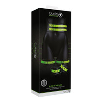 Ouch! Glow in the Dark 5-Piece Bonded Leather Thigh & Handcuffs With Belt Restraint Neon Green L/XL