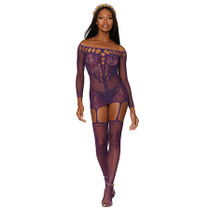 Dreamgirl Fishnet Lace Garter Dress With Attached Stockings Aubergine O/S
