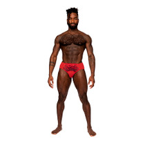 Male Power Sassy Lace Bikini Solid Pouch Red XL