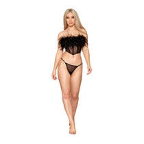 Dreamgirl Stretch Mesh Bustier with Removable Feather Trim and G-String Set Black L