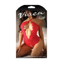 Fantasy Lingerie Vixen Hearts On Fire Crotchless Lace Teddy with Open Pearl Draped Back Red L/XL