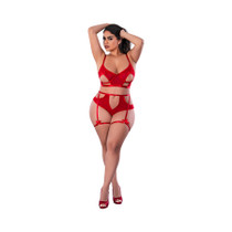 Magic Silk Holidaze Bralette, High Waist Panty Set with Removable Garters Red Queen Size