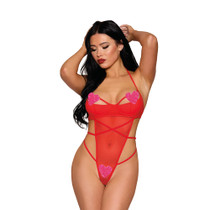 Dreamgirl Strappy Mesh Teddy with Heart Details Red O/S