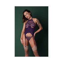 Magic Silk Leather & Lace Lace Cup Basque & Split Crotch Panty Set Plum Queen Size