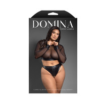 Fantasy Lingerie Domina Embossed Faux Leather Mesh Long Sleeve Top & Crotchless Thong Queen Size