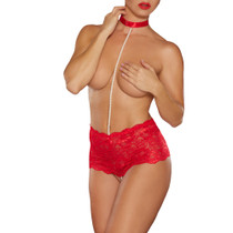 Allure Posh & Spicey High Waisted Lace Thong with Pearl String and Collar Red O/S