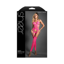 Fantasy Lingerie Sheer Sweet Revelation Slashed Cross Knit Halter Bodystocking & G-String Neon Pink O/S