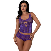 Magic Silk Satin Petals Bustier & Boy Short Set Purple L/XL