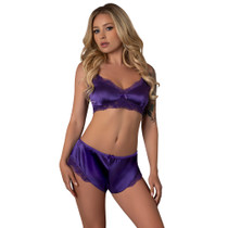 Magic Silk Satin Petals Bralette & Short Set Purple L/XL