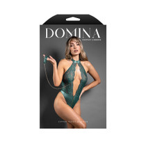 Fantasy Lingerie Domina Keyhole Halter Teddy with Detachable Chain-Link Leash Pine Green M/L