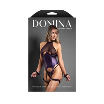 Fantasy Lingerie Domina Gartered Bustier & Crotchless Panty w/Detachable Restraints/Garters Deep Purple L/XL