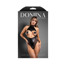 Fantasy Lingerie Domina Cupless High-Neck Halter Teddy with Zipper Detail & Pasties Black S/M