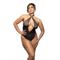 Fantasy Lingerie Radiance Onyx Keyhole Halter Teddy with Jeweled Center Strap 1XL/2XL