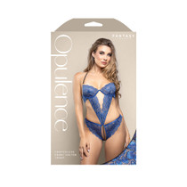 Fantasy Lingerie Opulence Pearl Halter Open Crotch Teddy with Adjustable Pearl String Royal Blue S/M