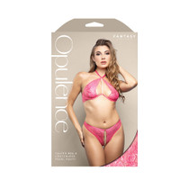 Fantasy Lingerie Opulence Pearl Accent Halter Bra & Adjustable Crotchless Pearl Panty Hot Pink M/L