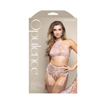 Fantasy Lingerie Opulence Pearl Halter Bralette, Garter Belt & Crotchless Pearl G-String Light Pink M/L