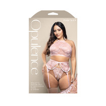 Fantasy Lingerie Opulence Pearl Halter Bralette, Garter Belt & Crotchless Pearl G-String Light Pink Queen Size