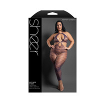 Fantasy Lingerie Sheer Set Me Free Footless Open-Crotch Halter Bodystocking Dark Purple Queen Size