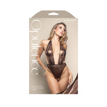 Fantasy Lingerie Opulence Crotchless Pearl Plunge Halter Teddy with Adjustable Pearl G-String Chocolate L/XL