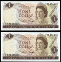 New Zealand - $1 Note Pair - Knight - E21 256295-296 - Error - Slipped Digit - Unc