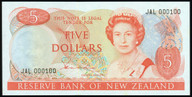 New Zealand - $5 Note - Low Number - Hardie - Type 2 - JAL000100 - Unc