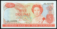 New Zealand - $5 Note - Low Number - Hardie - Type 2 - JAL000099 - Unc