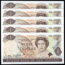 New Zealand - $1 Notes - Hardie - 5 Consecutive - Low Serials - AAL000105-109 - Uncirculated