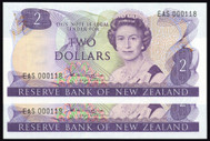 New Zealand - $2 Notes - Hardie - Consecutive Pair - Low Serials - EAS000118-119 - Uncirculated