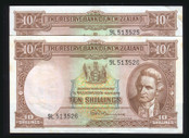 New Zealand - 10 Shillings - Fleming - Consecutive Pair - 9L 513525 - 513526 - EF