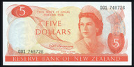 New Zealand - $5 - Fleming - First Prefix - 001 748726 - Unc