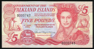 Falkland Islands - 5 Pounds - P17a - B000743 - Low Serial - Unc