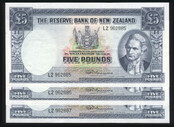 New Zealand - 5 Pounds - Fleming - Consecutive Trio - L2 962885 - 962887 - EF