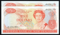 New Zealand - $5 Star Notes - Hardie - Consecutive Pair - JA191129* - JA191130* - gEF