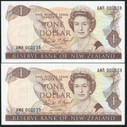 New Zealand - $1 - Brash - Consecutive Pair - Low Serials - AMR000038 - AMR000039 - Unc
