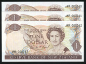 New Zealand - $1 - Brash - Consecutive Trio - Low Serials - AMR000040 - AMR000042 - Unc