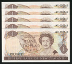 New Zealand - $1 - Brash - 5 Consecutive - Low Serials - AMR000045 - AMR000049 - Unc