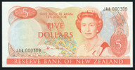 New Zealand - $5 - Hardie - Low Serial - First Prefix - JAA000309 - Unc