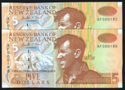 New Zealand - $5 - Brash - Low Serial - Consecutive Pair - AF000185 - AF000186 - Unc