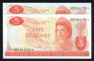 New Zealand - $5 - Hardie - Consecutive Star Notes - 991 611720* - 991 611721* - Unc