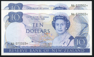 New Zealand - $10 - Hardie - Star Note Pair - NA073302* - NA073303* - Unc