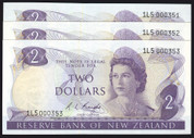 New Zealand - $2 - Knight - 3 Low First Prefix - 1L5 000351 - 1L5 000353 - Unc