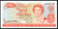 New Zealand - $5 - Hardie - Low First Prefix - JAA000962 - Unc