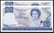New Zealand - $10 - Hardie - Low First Prefix Pair - NAA 000997 - 000998 - Unc