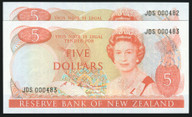 New Zealand - $5 - Russell - Low First Set Prefix Pair - JDS000482 - 000483 - Unc