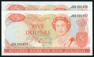 New Zealand - $5 - Russell - Low First Set Prefix Pair -  JDS000456 - 000457 - Unc