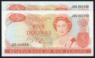 New Zealand - $5 - Russell - Low First Set Prefix Pair -  JDS000648 - 000649 - Unc