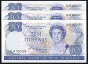 New Zealand - $10 - Russell - Low First Prefix Trio - NJR000466 - 000468 - Unc